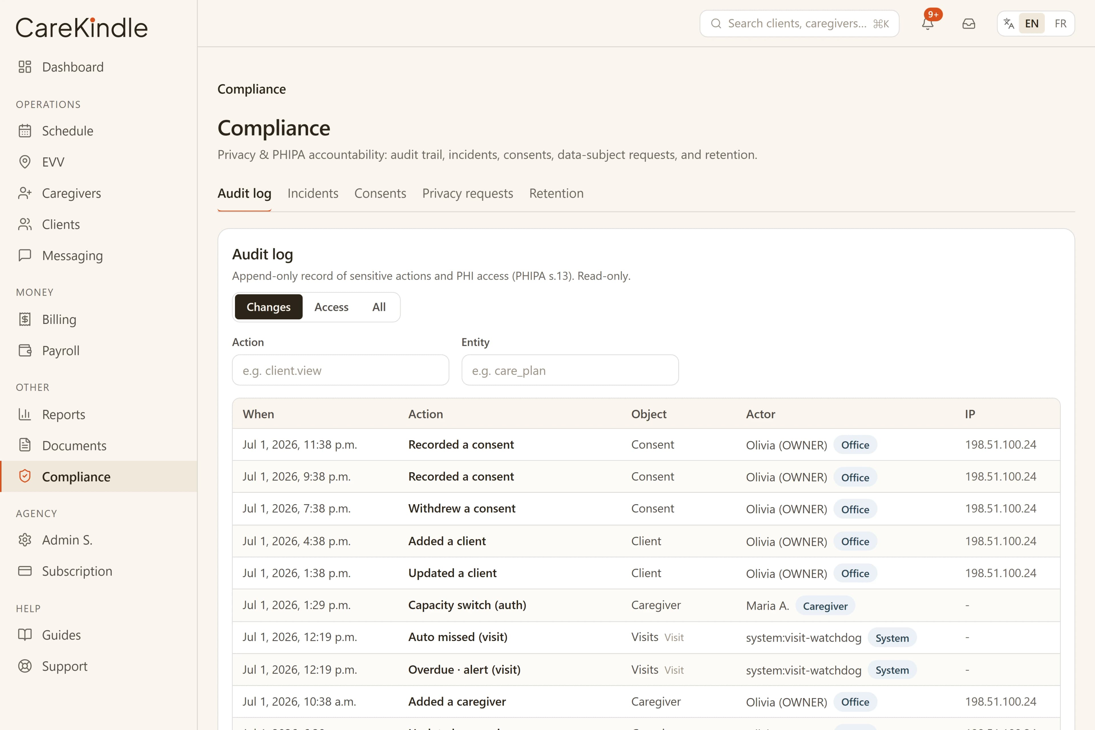 CareKindle compliance centre showing the tamper-evident audit trail with logged access to health information