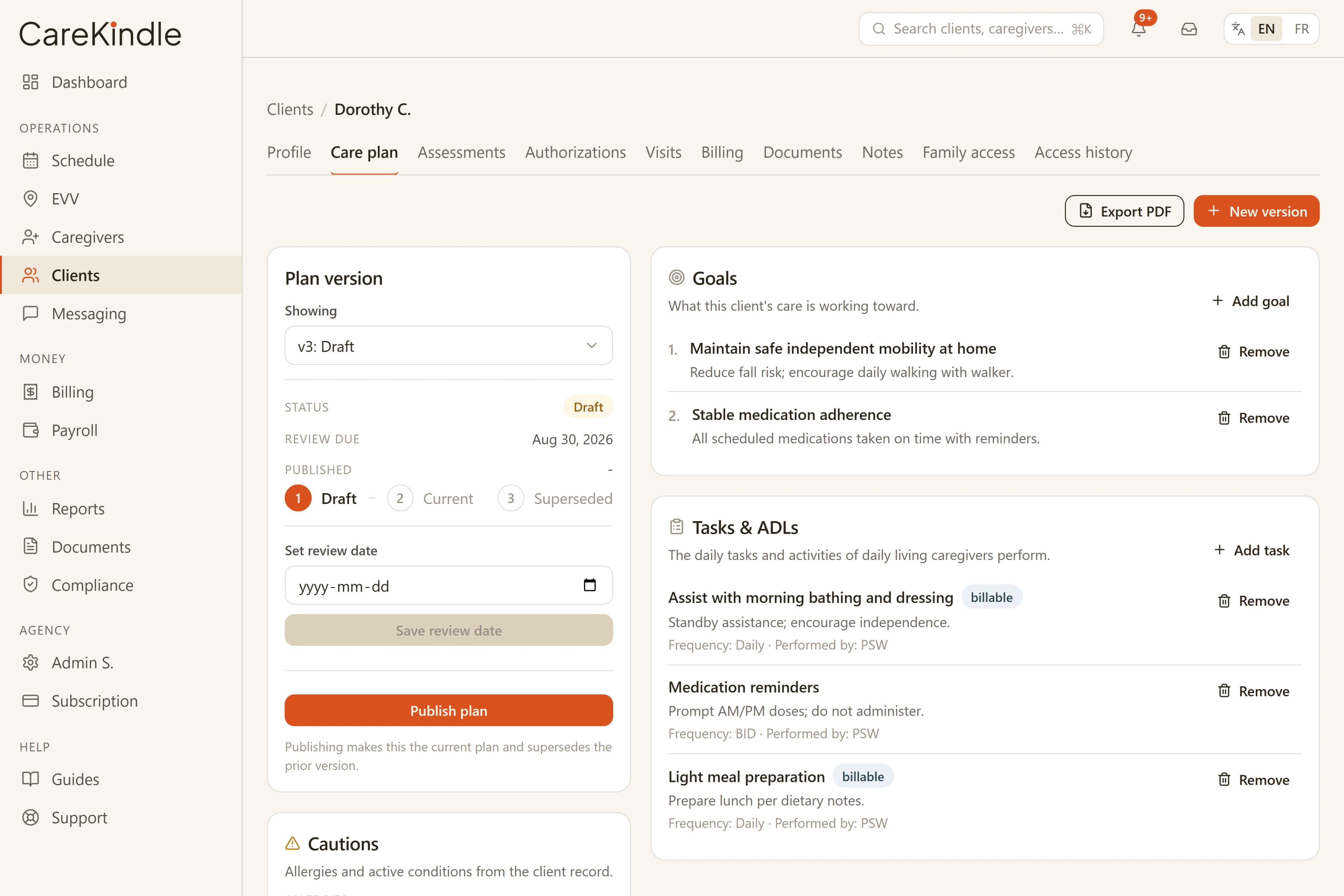 A care plan with its version history, each published revision preserved