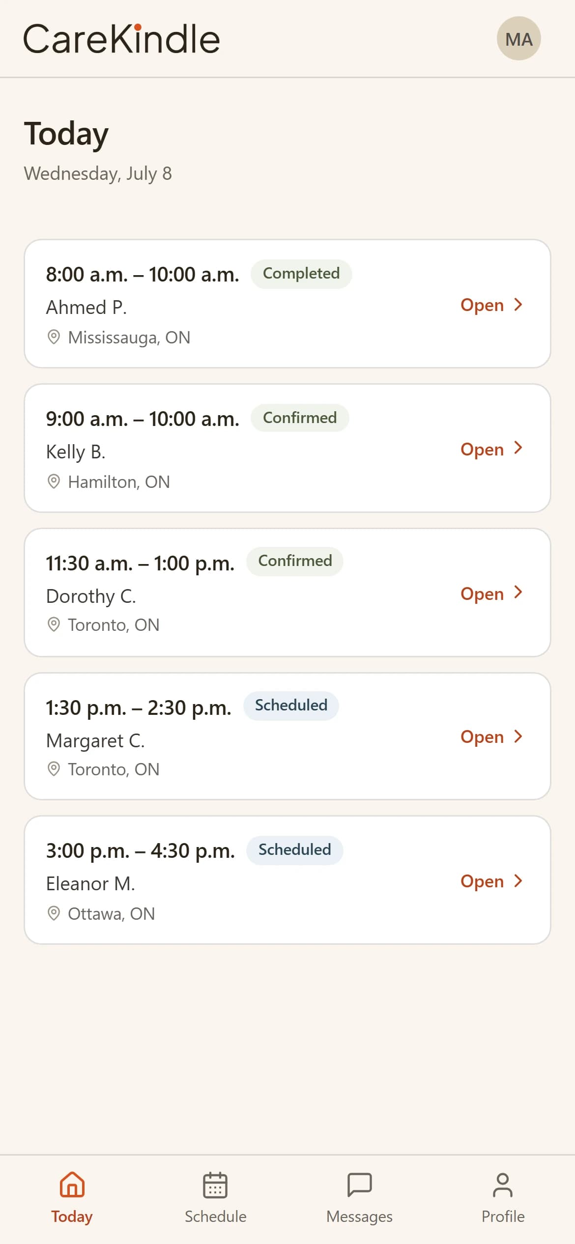 The CareKindle app showing a single visit with GPS check-in, the care plan and the tasks for that visit