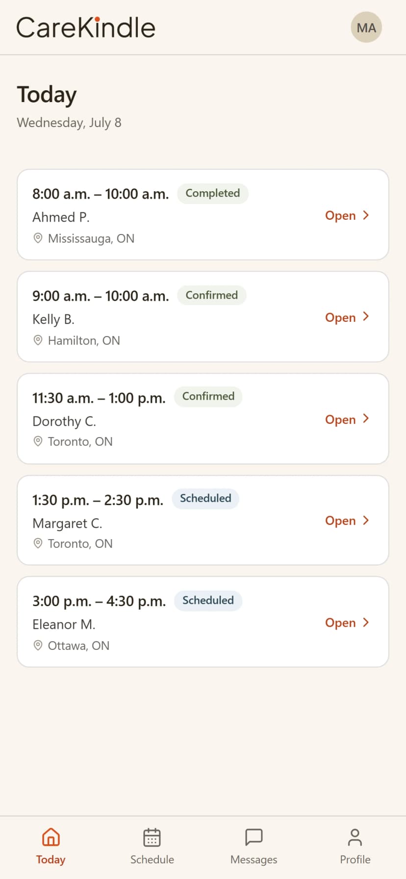 The CareKindle app showing a single visit with GPS check-in, the care plan and the tasks for that visit