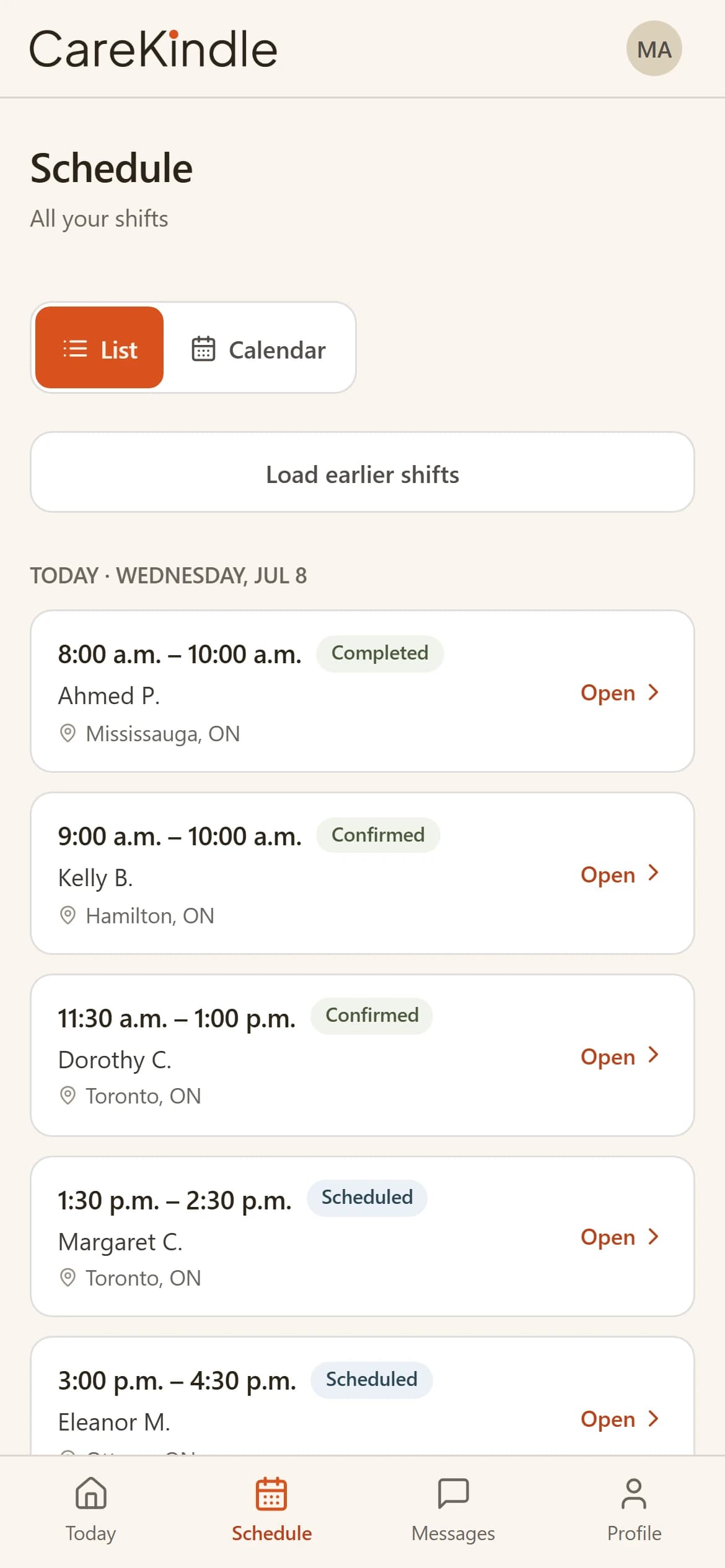 CareKindle caregiver schedule on a phone.