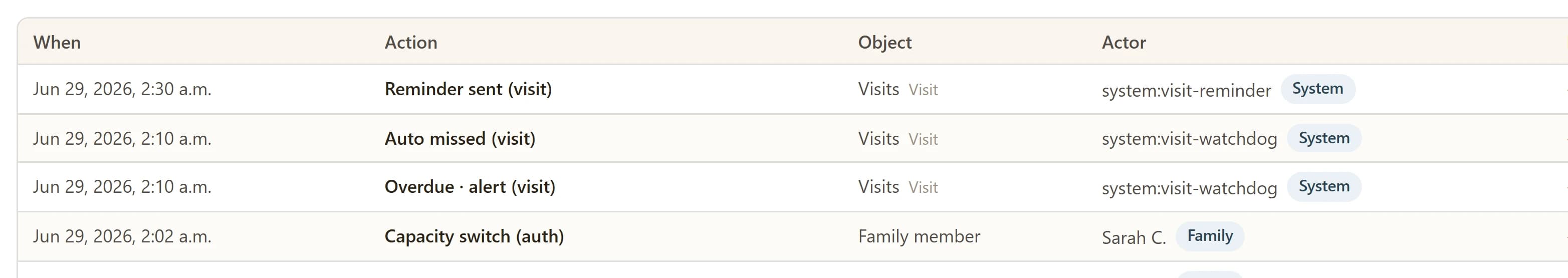 Close-up of a CareKindle audit log row showing a recorded sensitive action.