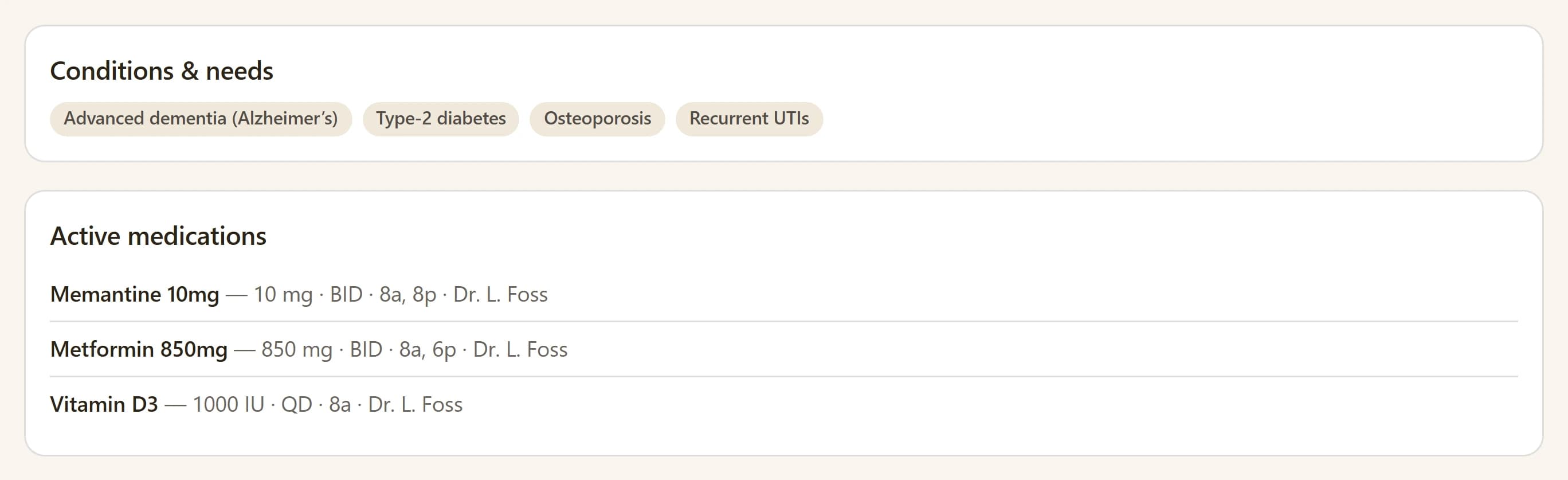 A close-up of a client chart with the conditions and medications in view