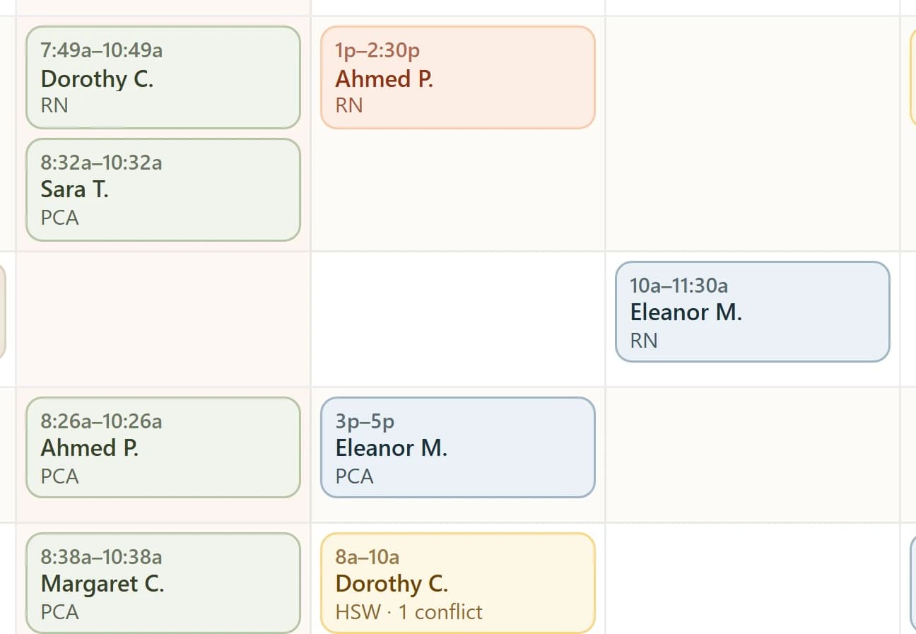 Close-up of a CareKindle shift block with a flagged scheduling conflict.