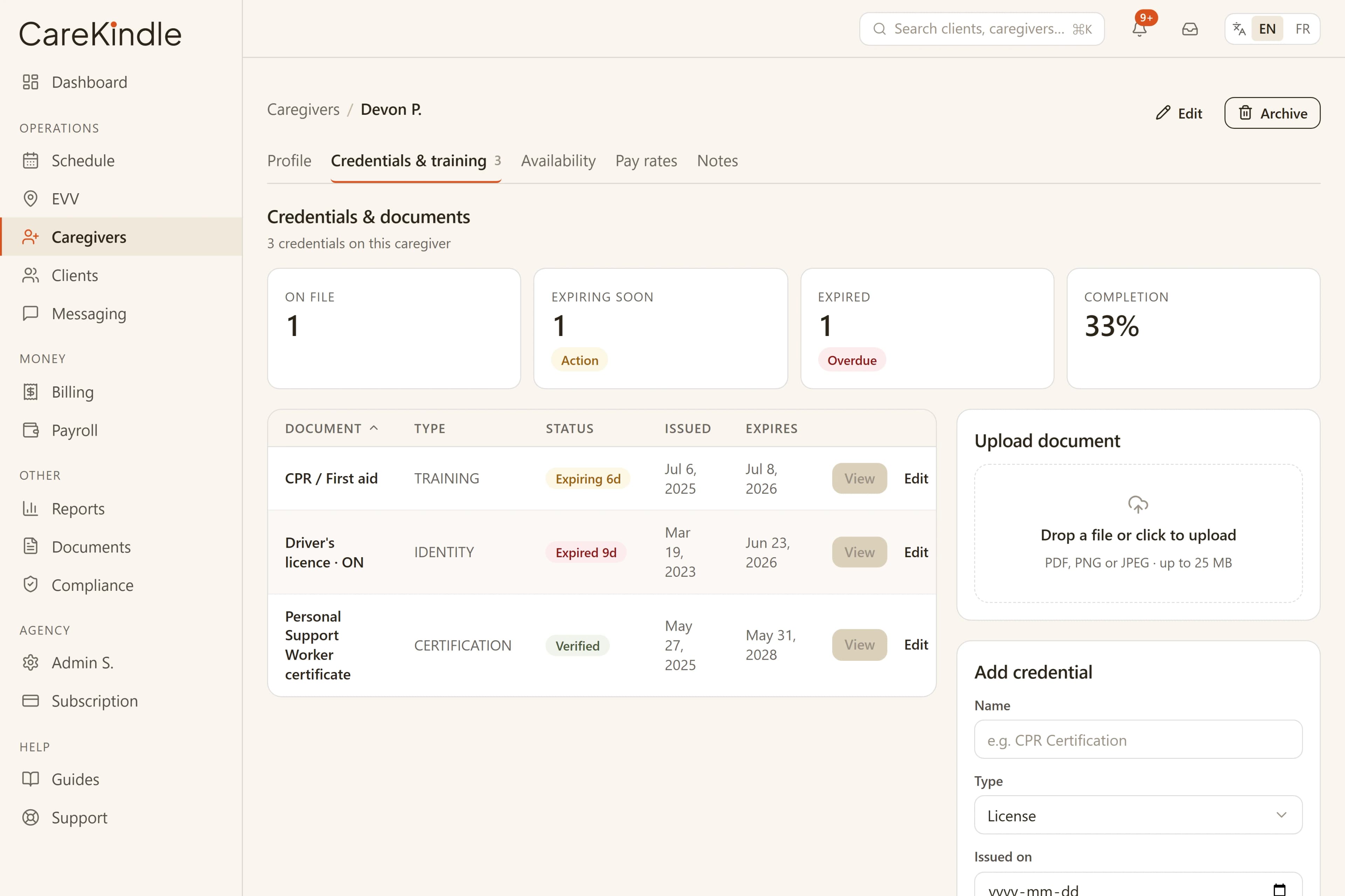 Caregiver credential expiry tracking
