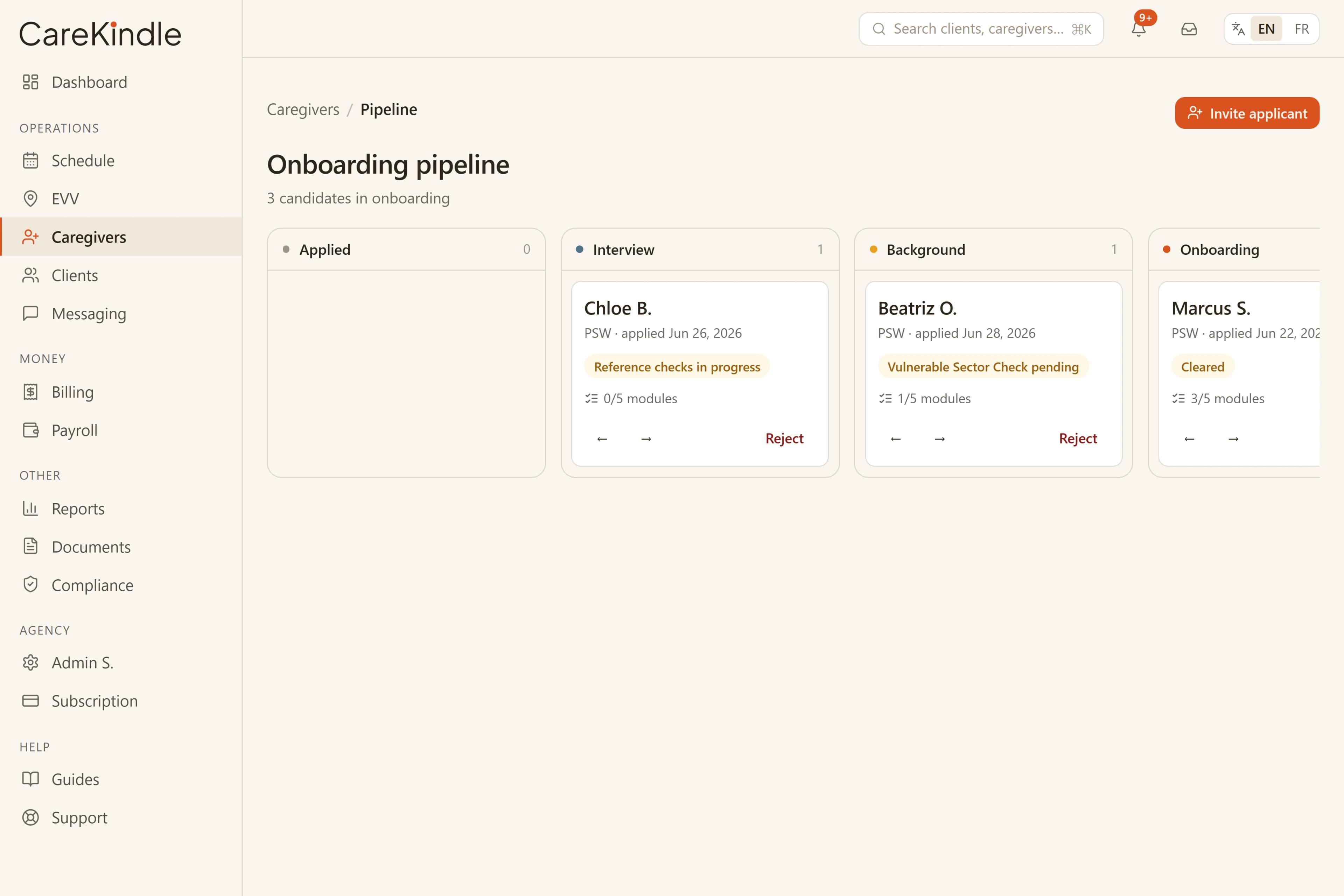 The CareKindle hiring board tracking applicants across stages from interview to offer to active caregiver.