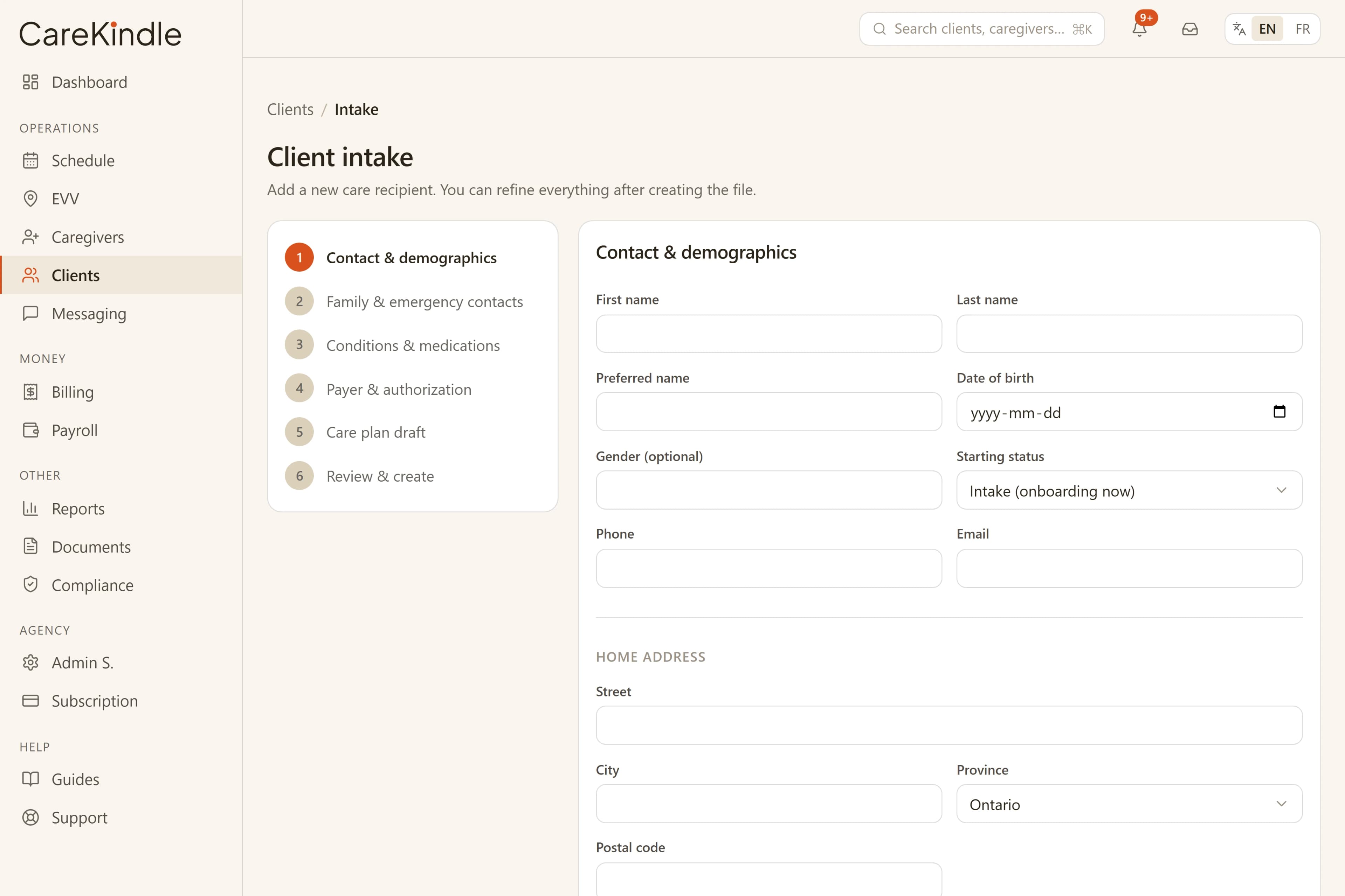 A six-step client intake wizard collecting profile, conditions and contact details