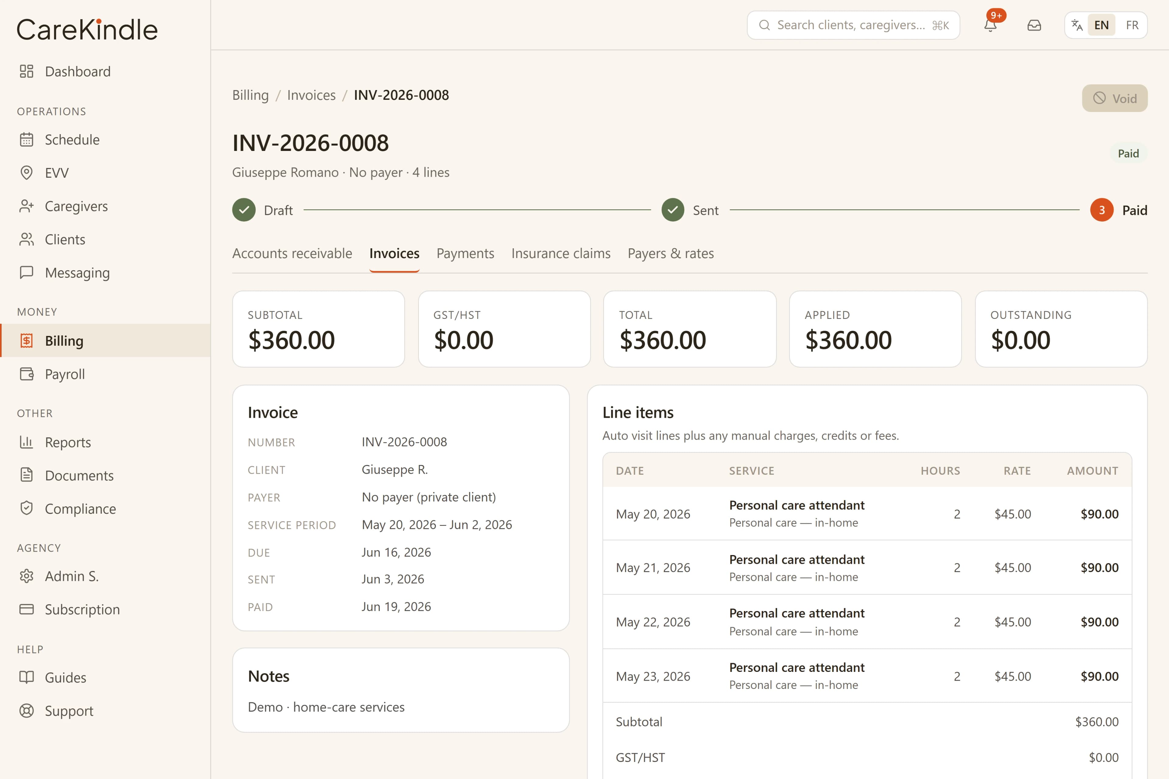 A CareKindle invoice with GST and HST