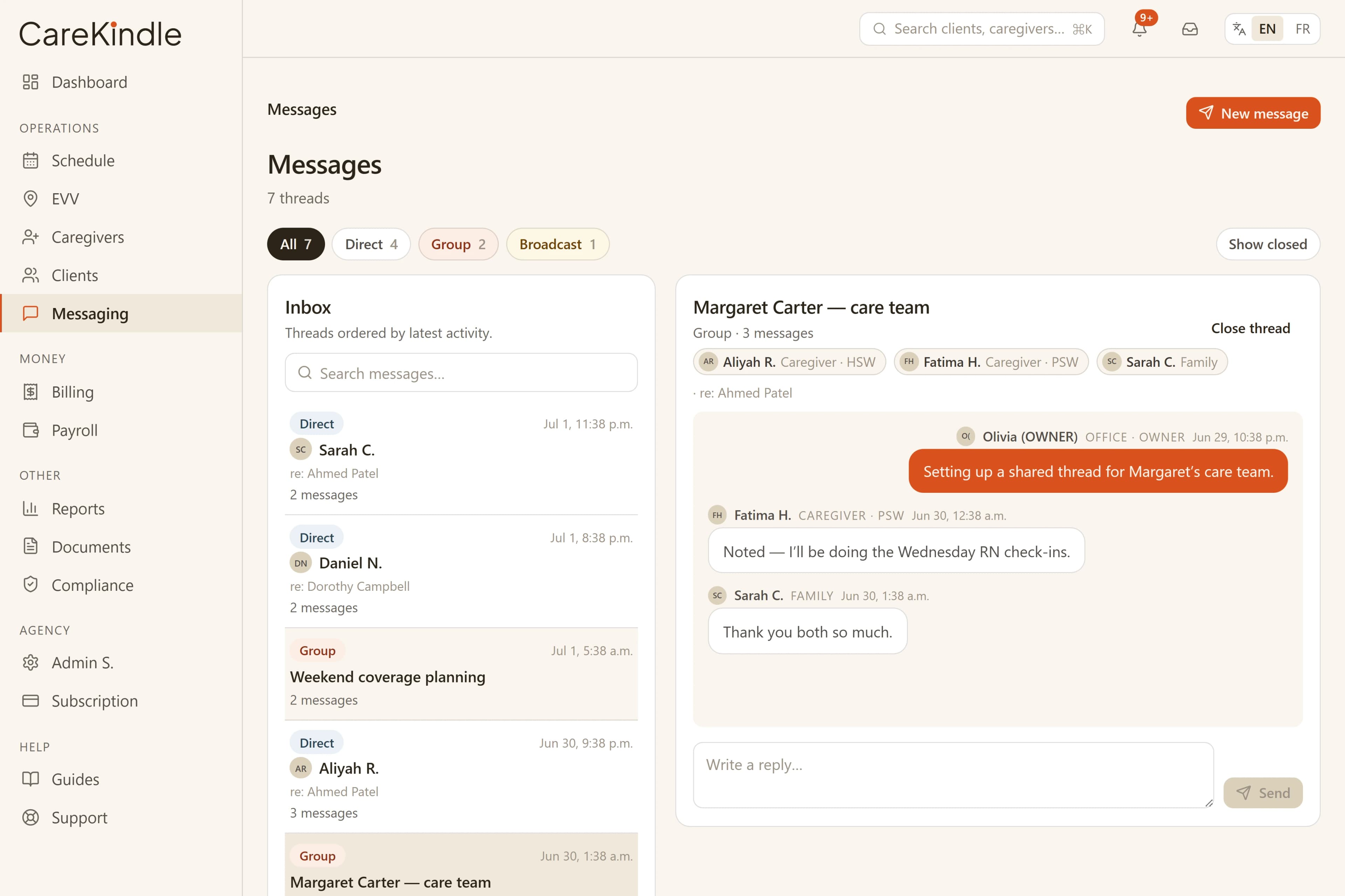 A CareKindle messaging thread
