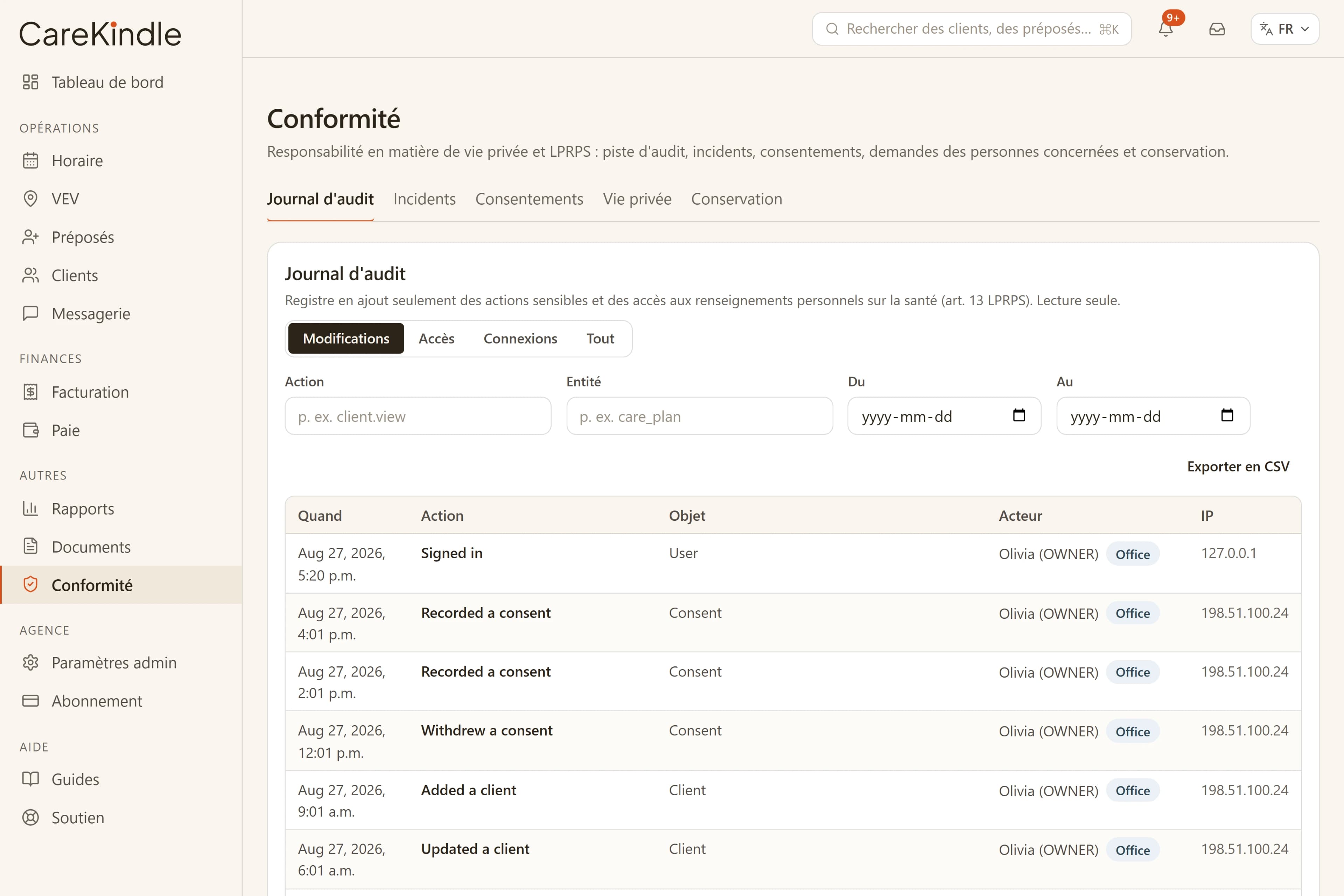 Le centre de conformité CareKindle montrant la trace d’audit infalsifiable avec les accès aux renseignements de santé journalisés