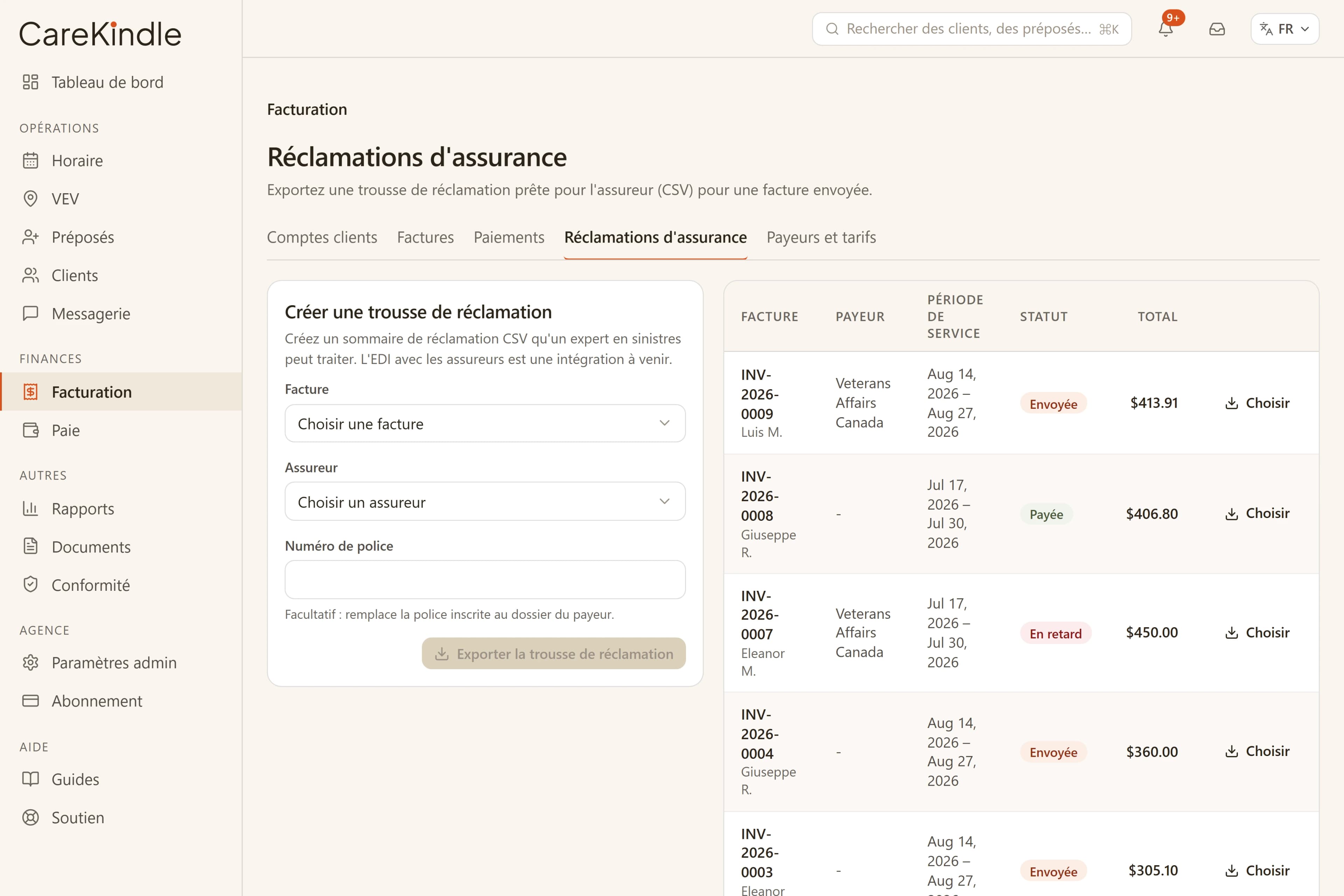 Réclamations aux assureurs dans CareKindle