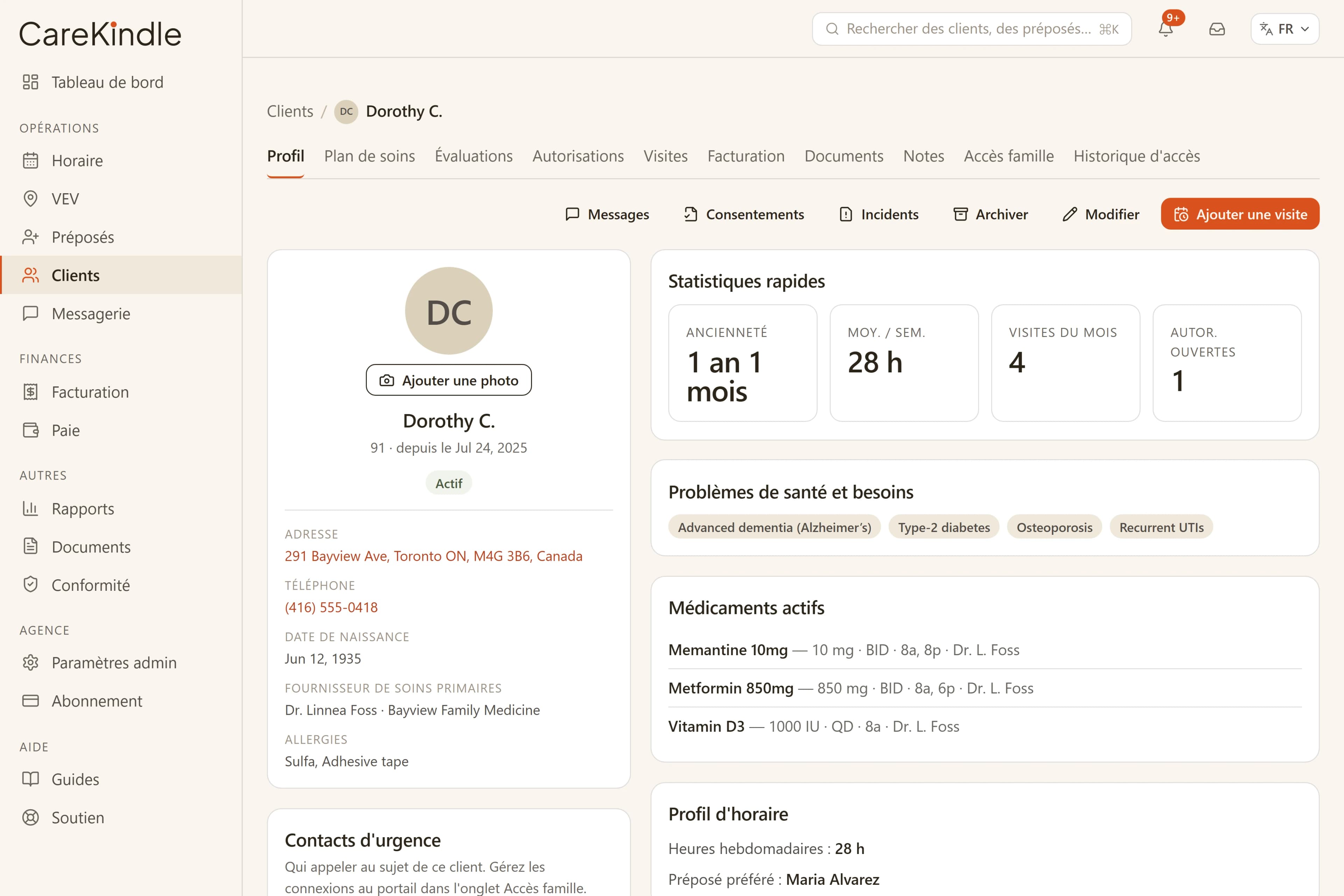 Un dossier client dans CareKindle