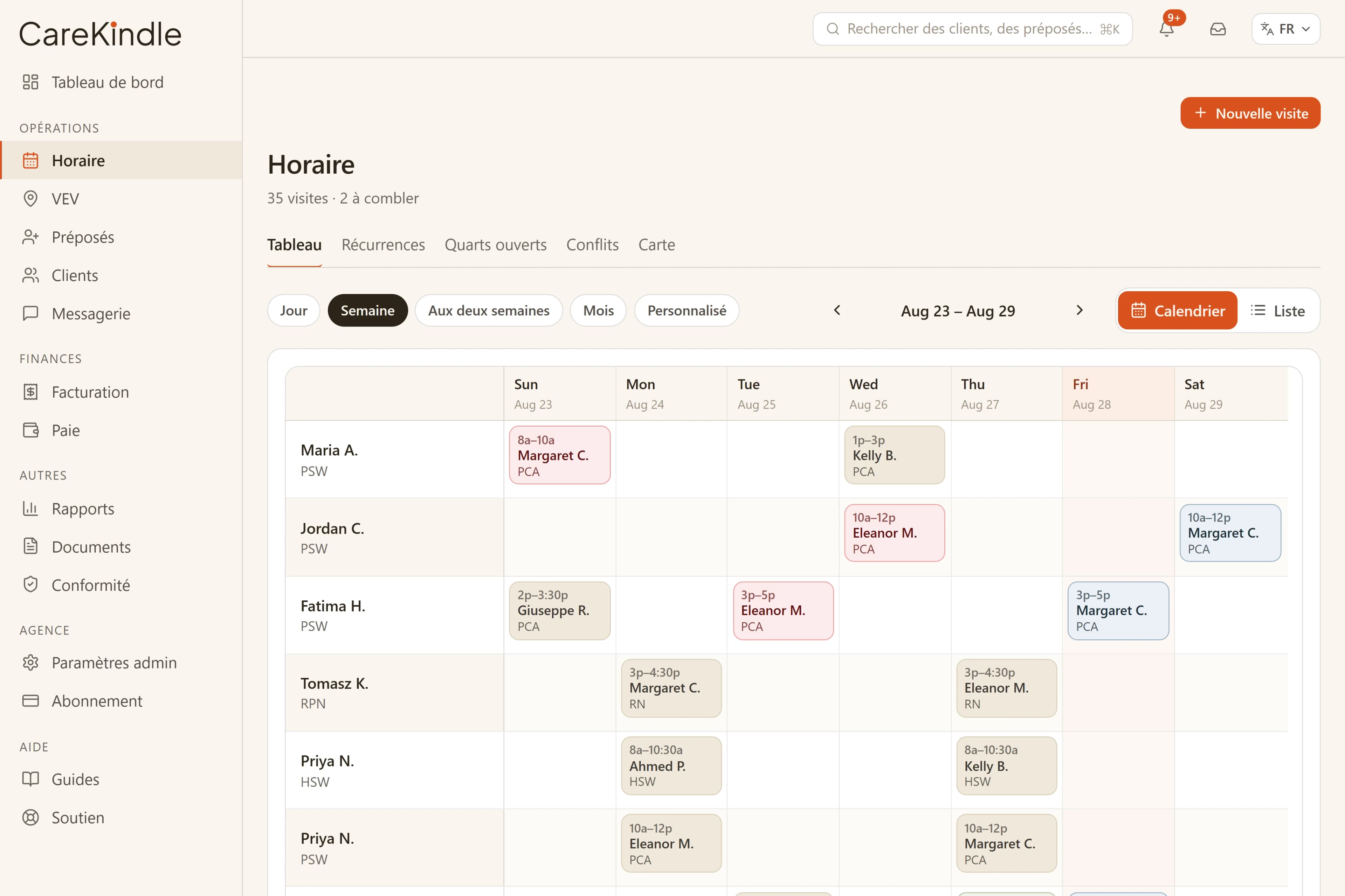 Horaire hebdomadaire de CareKindle montrant les rangées d’intervenantes et des blocs de visites colorés, avec un conflit signalé.