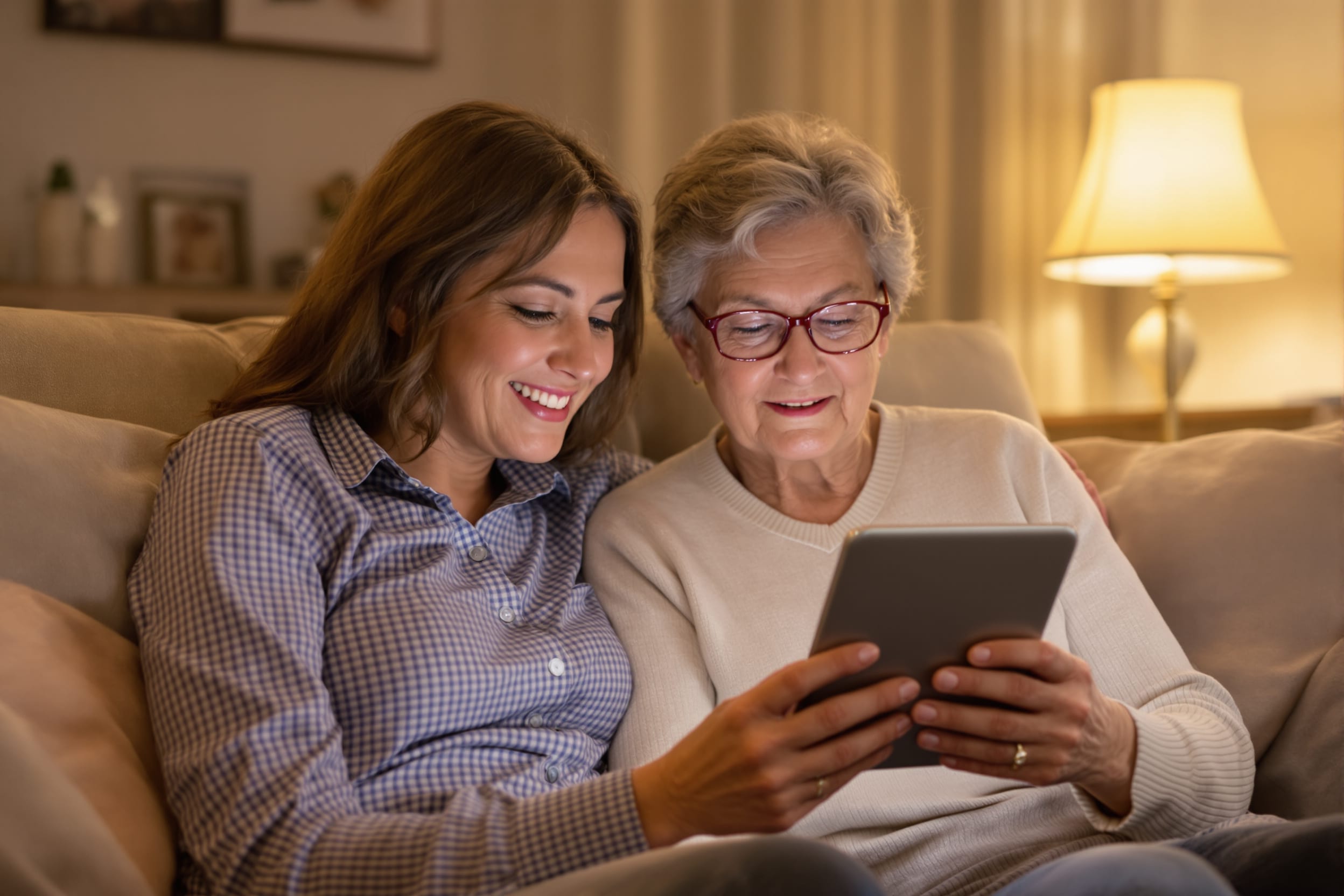 A family gathered warmly around an older relative at home