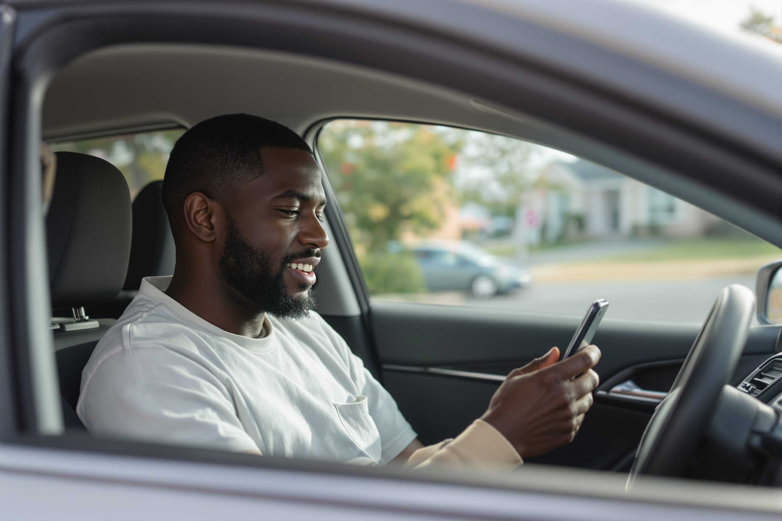 A caregiver checking their phone on the doorstep before a home visit