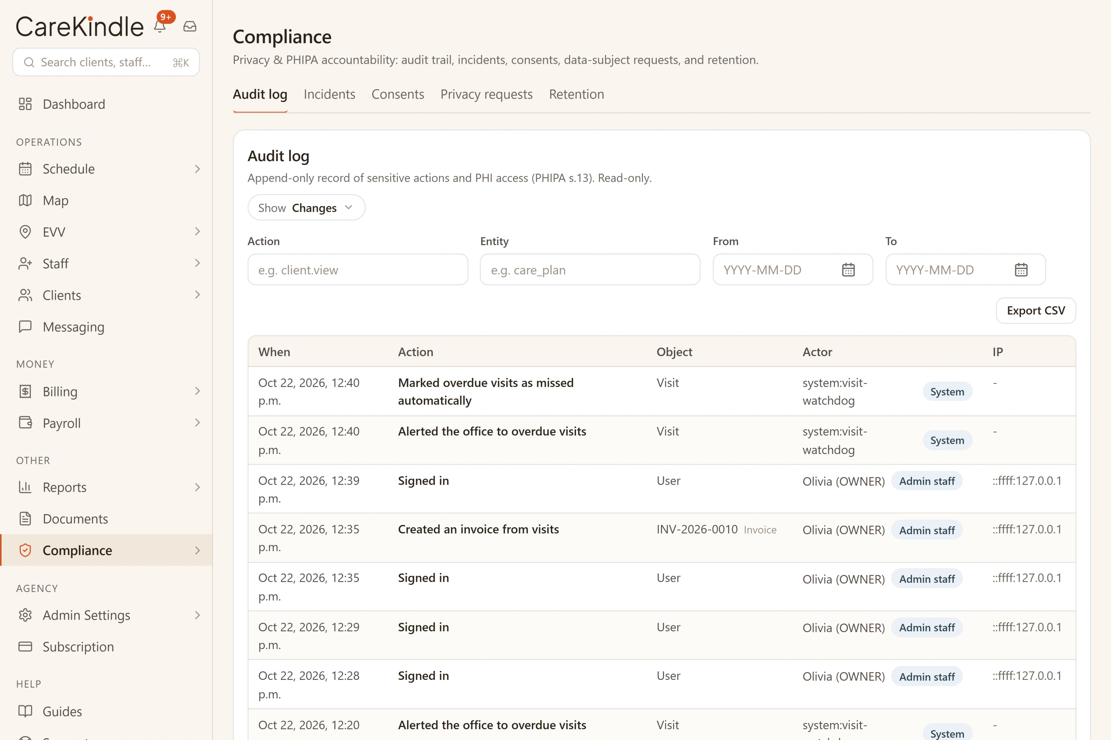 The compliance centre audit trail: a tamper-evident record of sensitive actions, filterable by action and entity