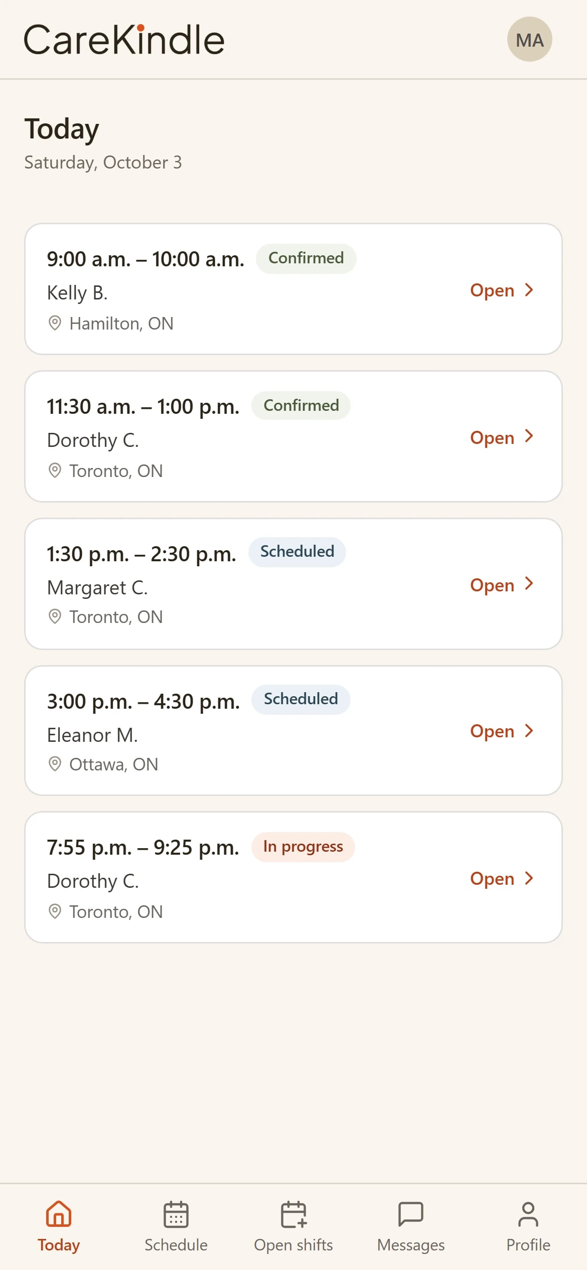 The CareKindle app showing a single visit with GPS check-in, the care plan and the tasks for that visit
