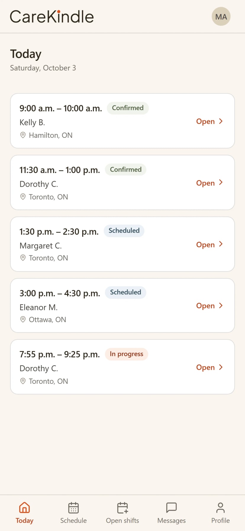 The CareKindle app showing a single visit with GPS check-in, the care plan and the tasks for that visit