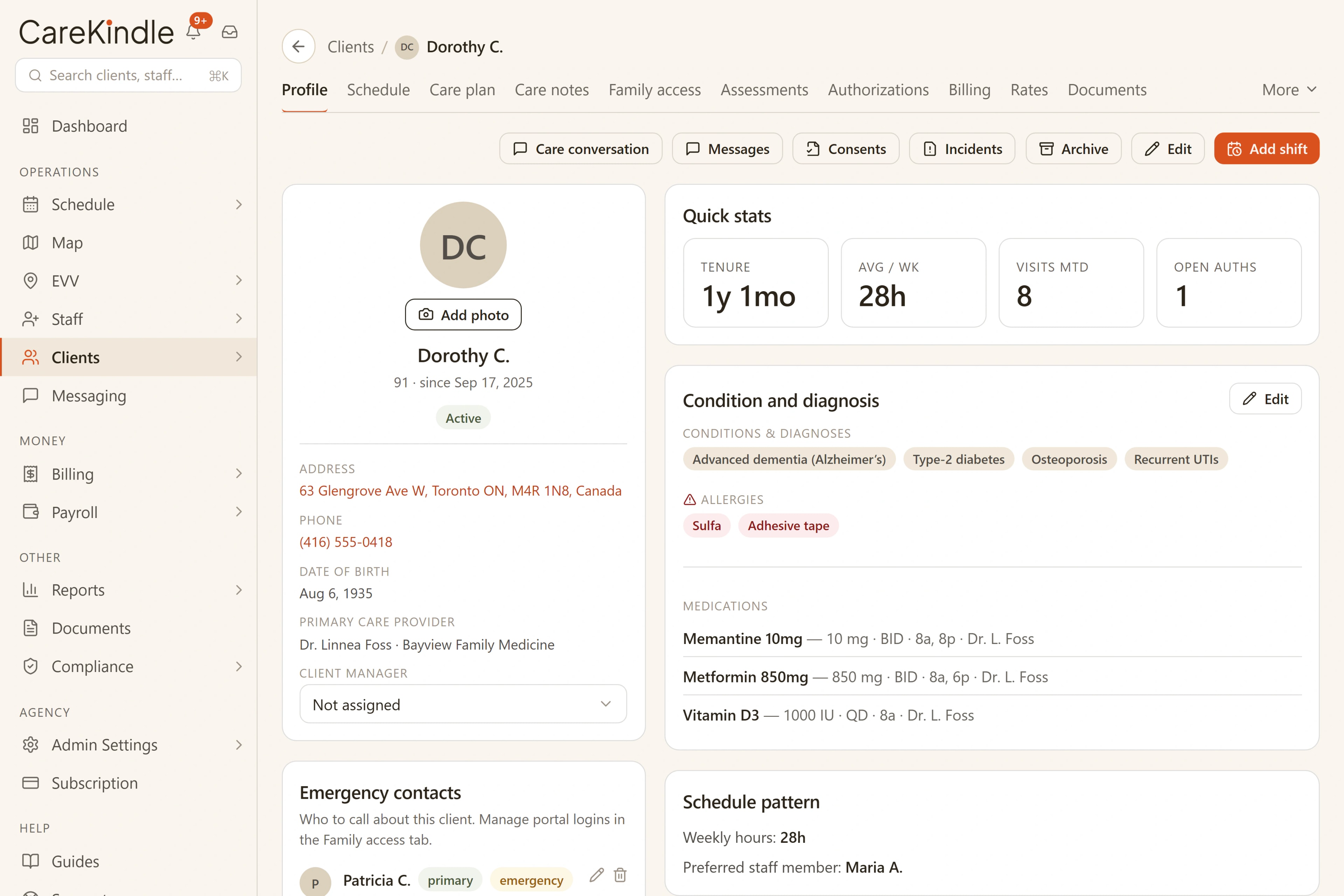 A client chart in CareKindle