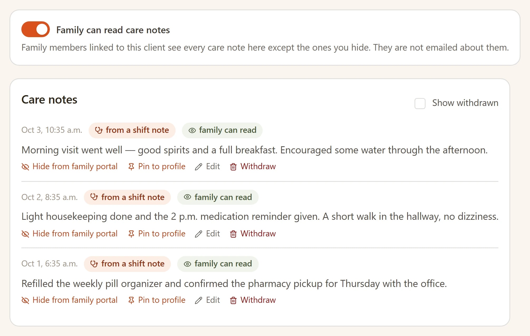 Care notes written at the shift, each one marked family-readable, under the switch that shares them with the family