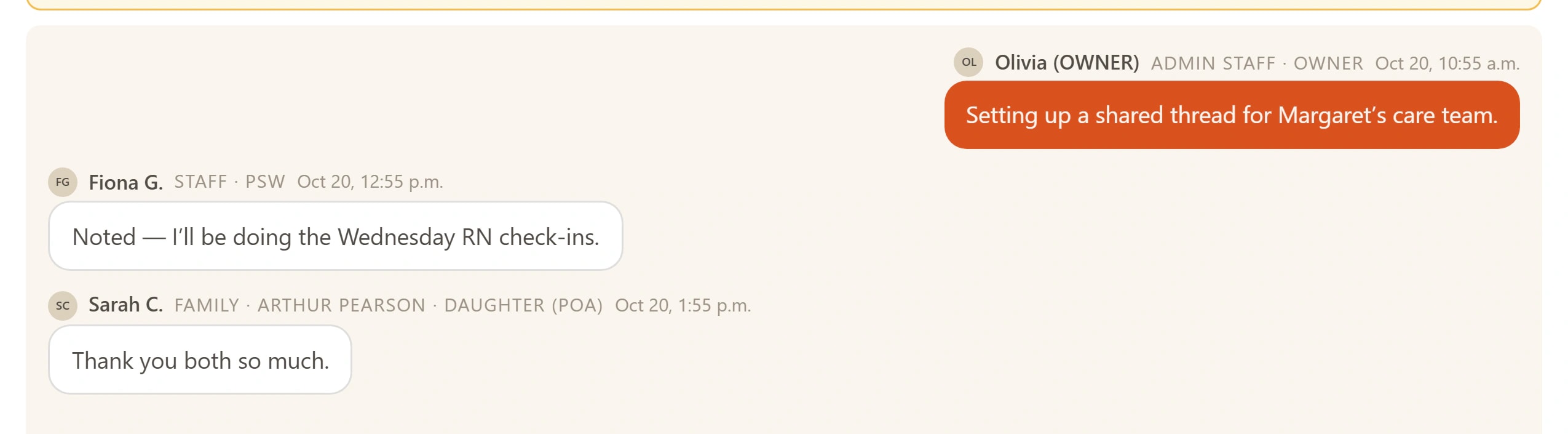 A care-team conversation: the office, a caregiver and the family in one thread