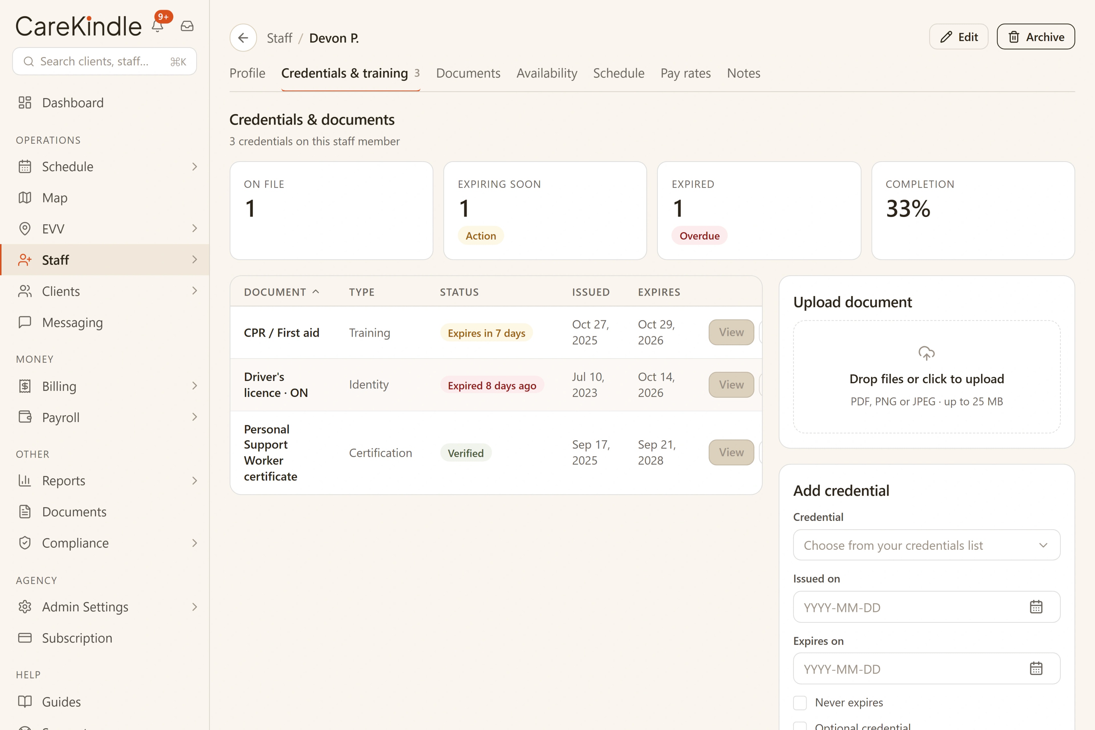 Caregiver credential expiry tracking