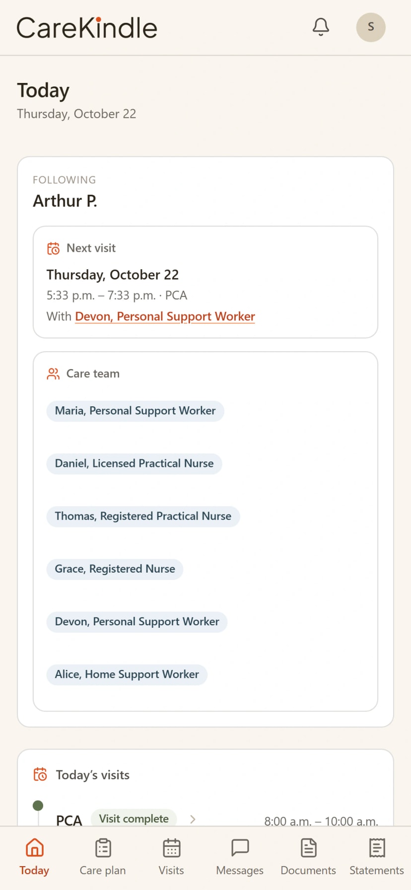 The CareKindle app’s view-only family window showing visit history and care updates for a client