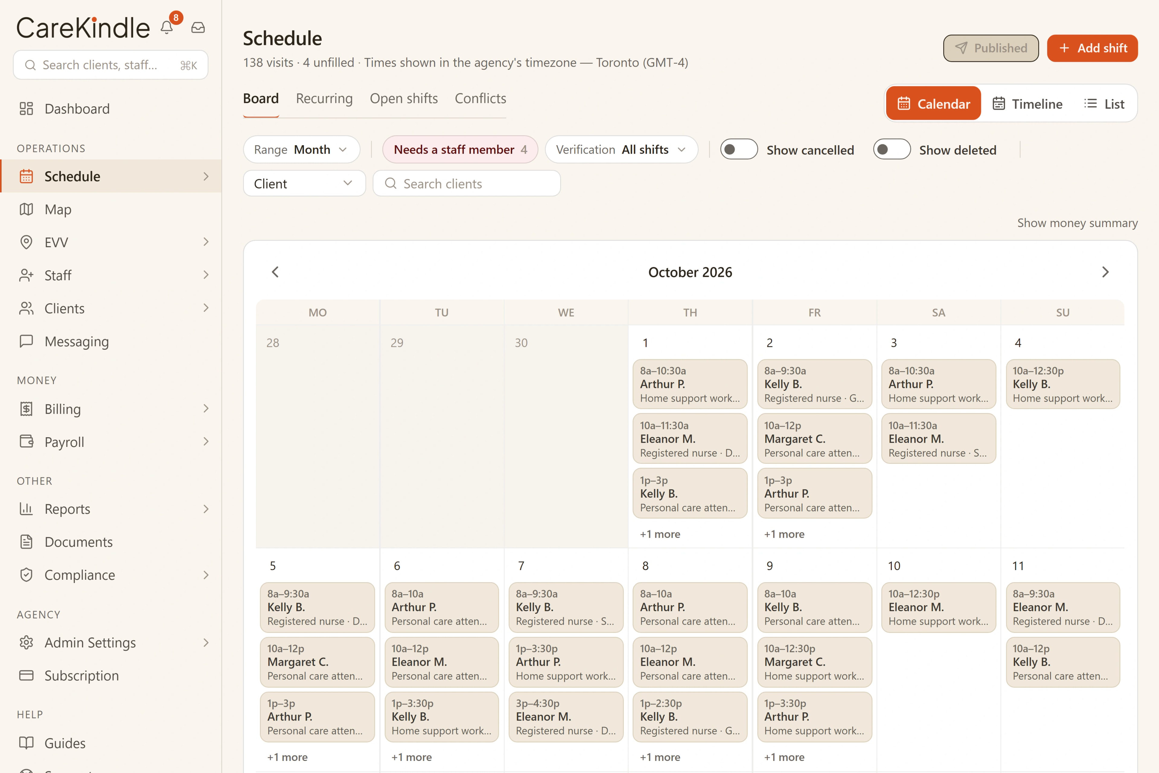 CareKindle week schedule showing caregiver rows and colour-toned visit blocks across the week, with a conflict flagged.