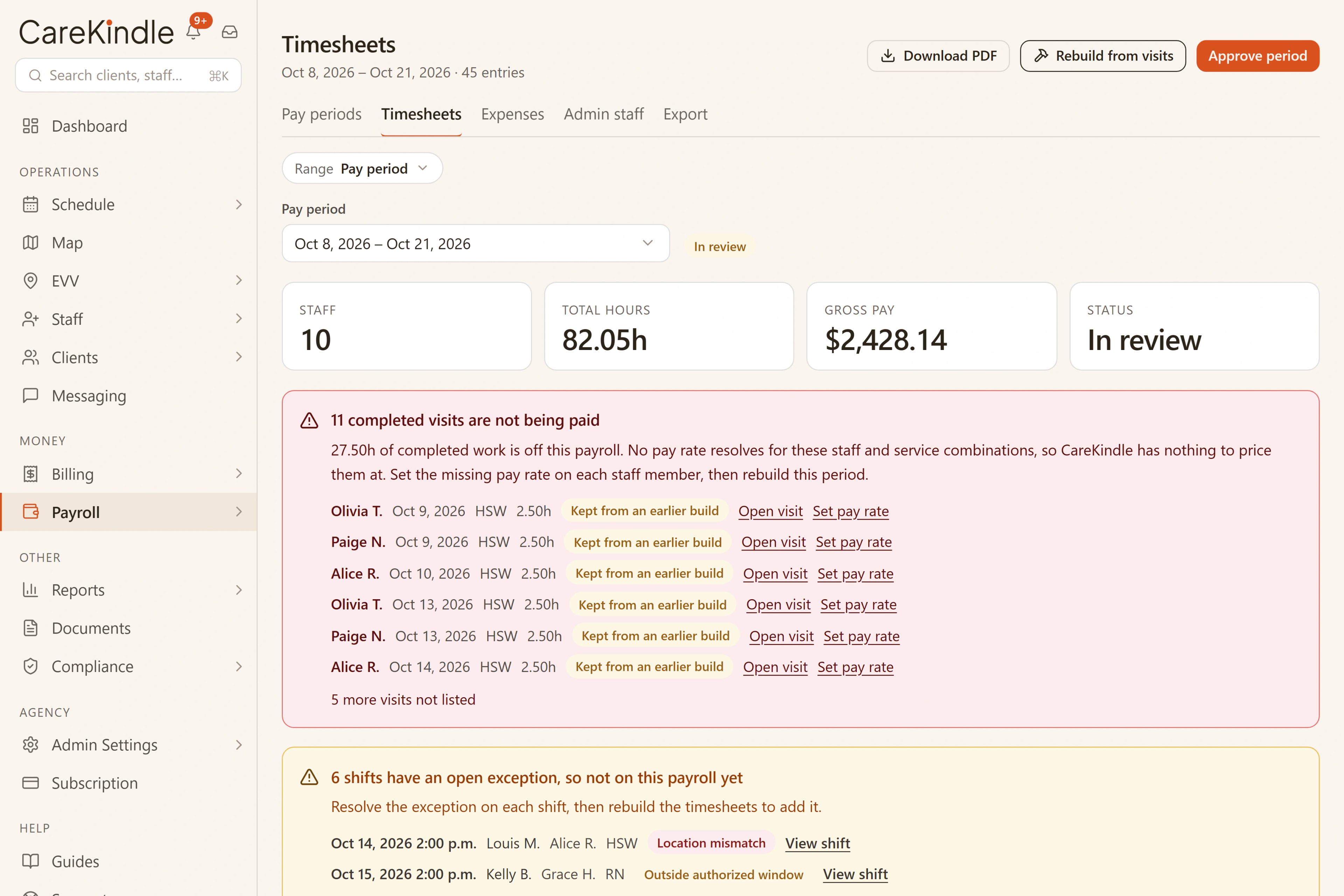 A payroll timesheet from verified visits