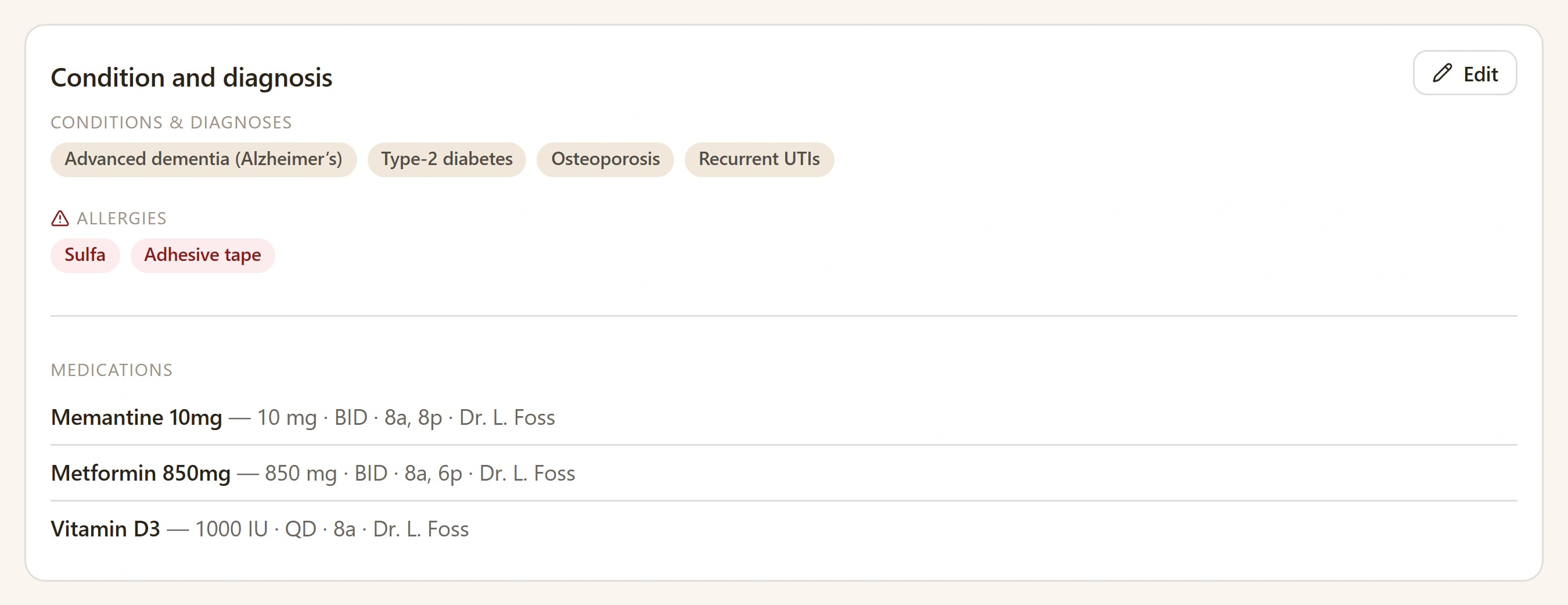 The client chart’s condition and diagnosis card: conditions, allergies and current medications