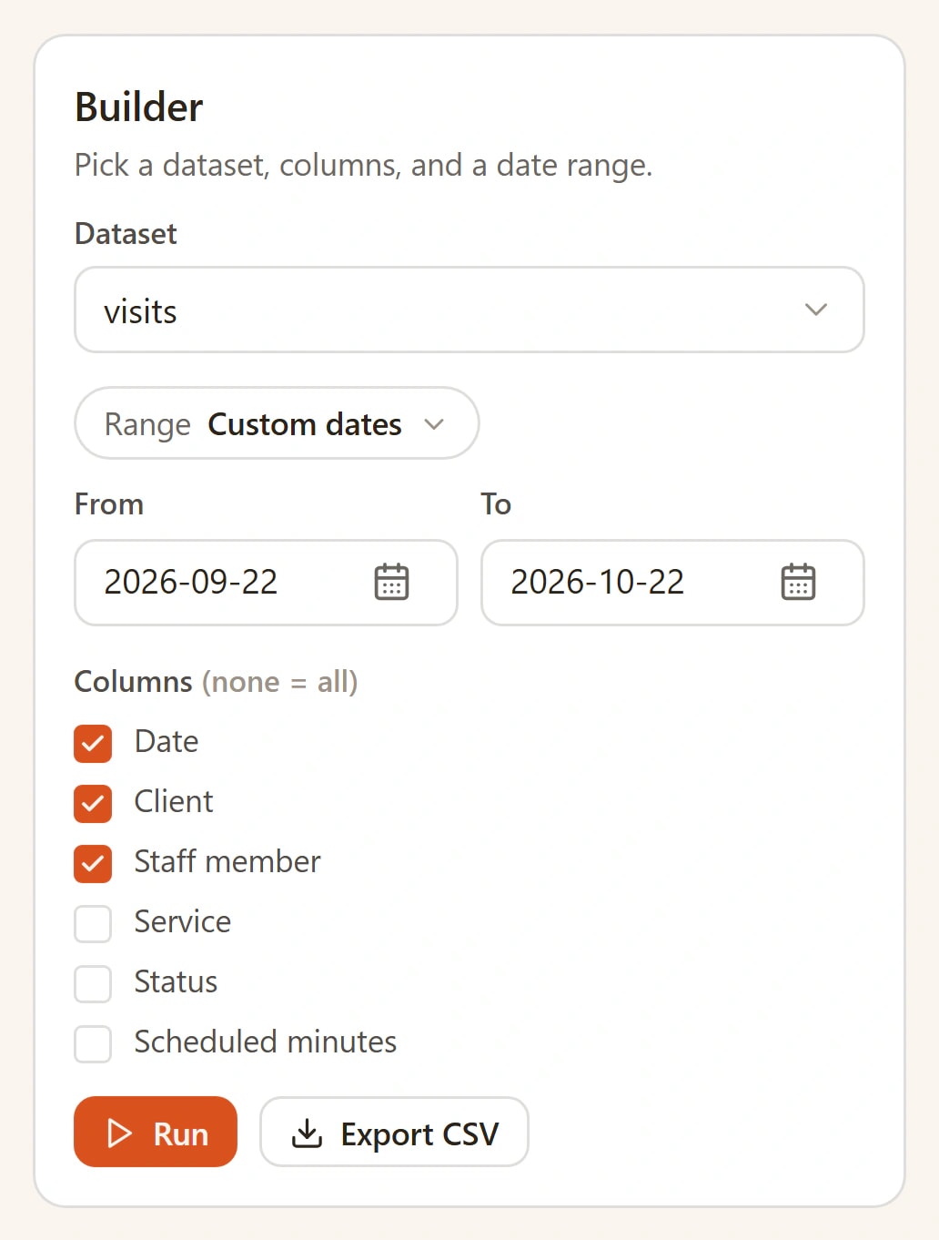 The custom report builder: pick a dataset, a date range and the columns, then run it or export it to CSV