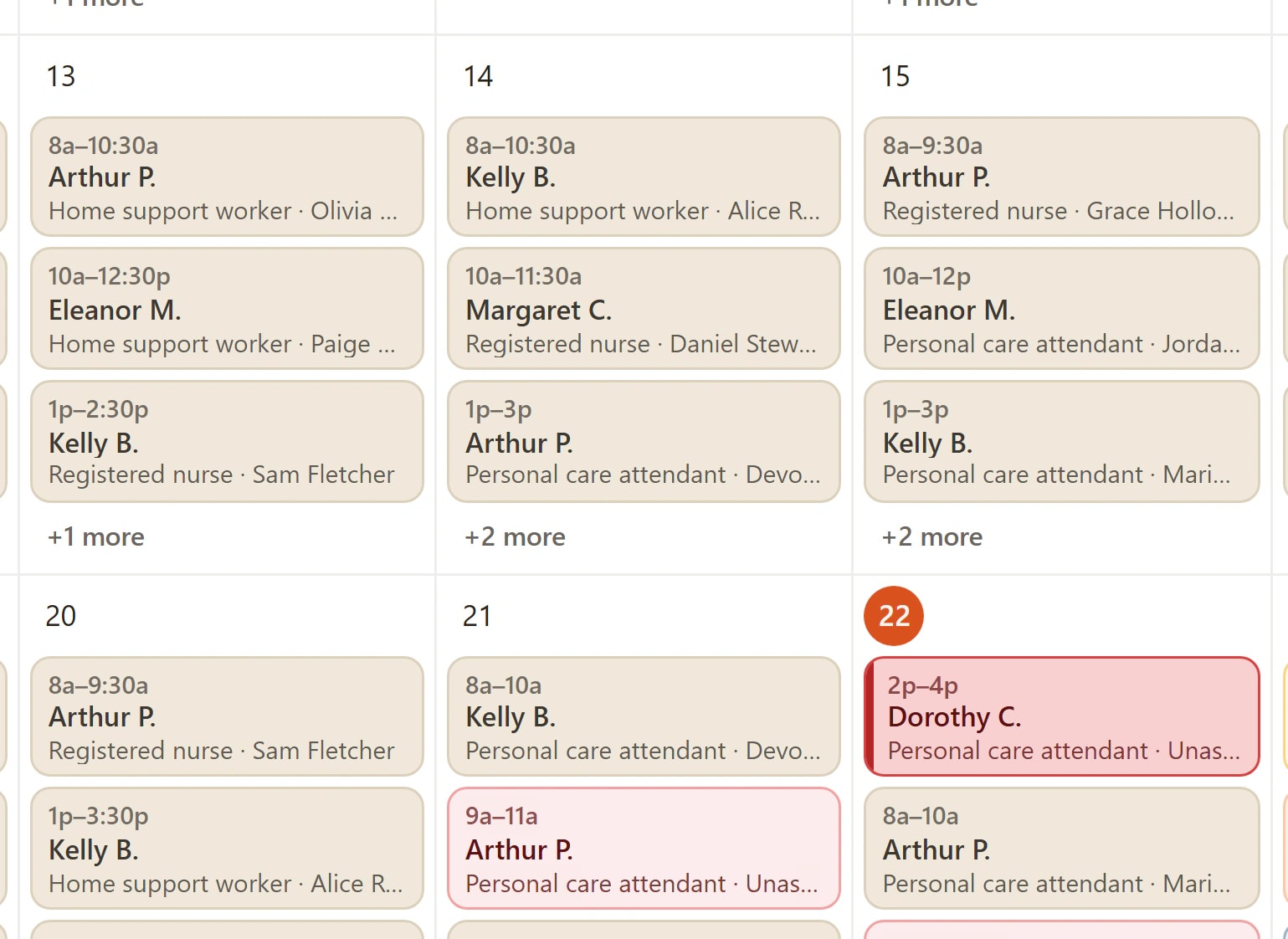 Shift chips on the month calendar: time, client, service and caregiver, with unassigned shifts highlighted in red at the top of their day
