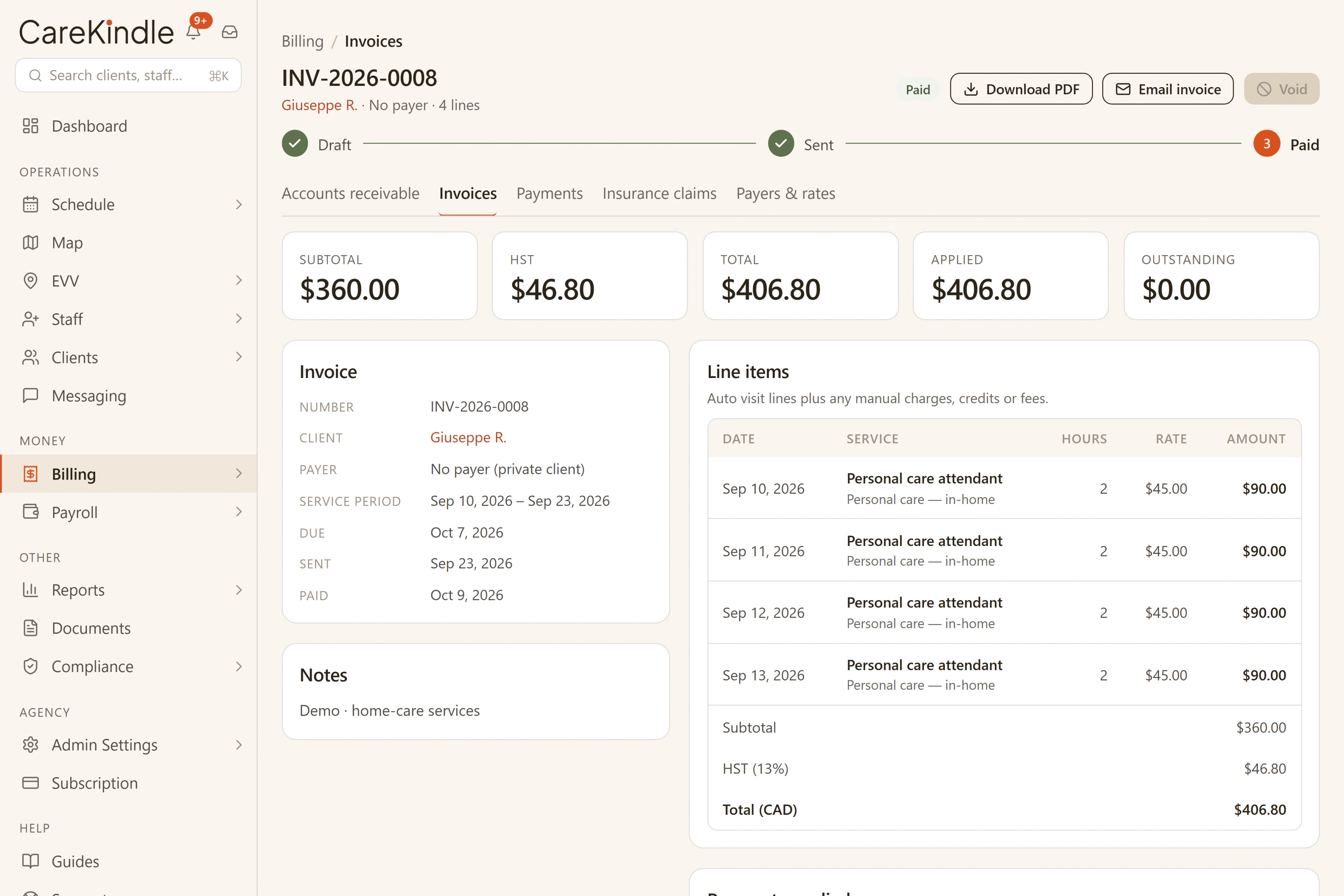A CareKindle invoice with an itemized tax line and totals