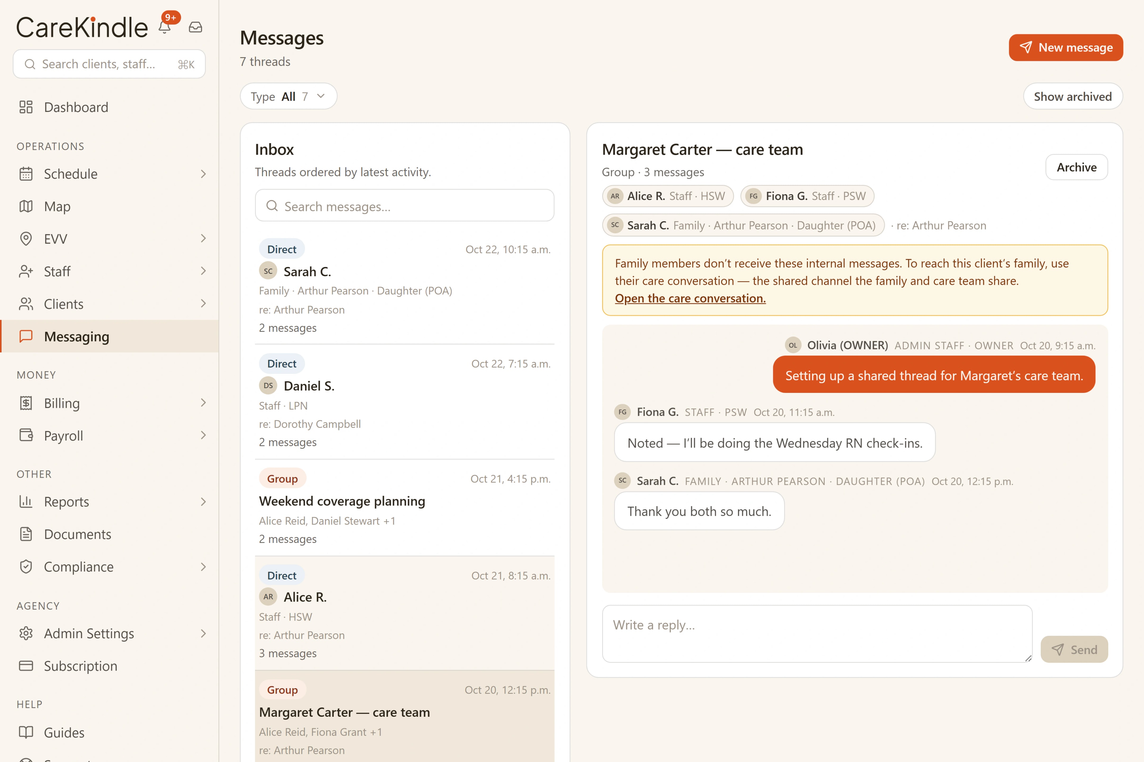A CareKindle messaging thread